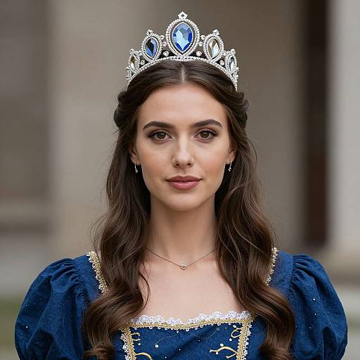 Photograph of a young woman with fair skin, dark wavy hair, wearing a silver tiara with blue gemstones, and a blue velvet dress