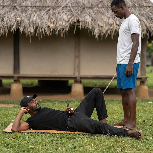 Outdoor Scene with Two Men and Hut