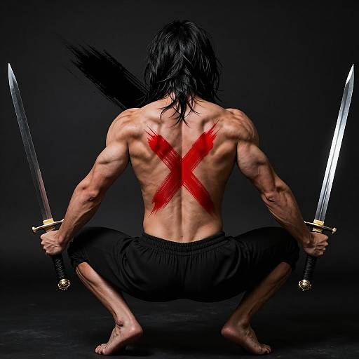 Muscular Man with Swords and Red X Tattoo