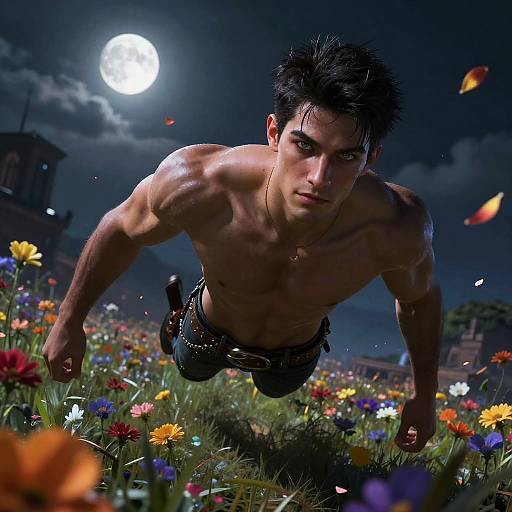 Muscular Man Flying Over Flower Meadow at Night