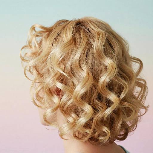 Photograph of a blonde woman's wavy, shoulder-length hair against a gradient blue to pink background, showcasing soft curls and natural highlights.