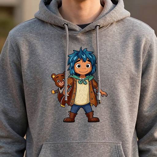 Photograph of a person wearing a gray hoodie with a colorful, cartoon-style embroidered design of a blue-haired character and a bear.
