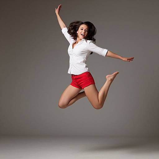 Photograph of a joyful, dark-haired woman mid-air jump, wearing a white button-up shirt and red shorts, against a gray studio background.