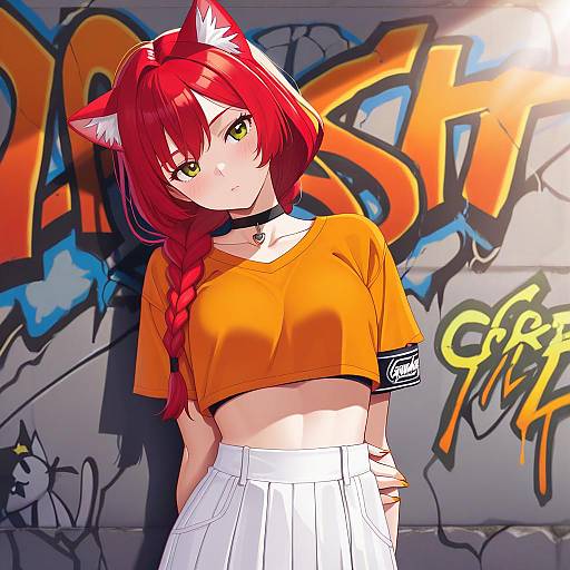 Red-haired Anime Girl with Cat Ears and Graffiti Background