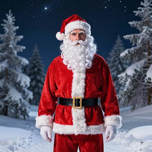Photograph of a Santa Claus figure with a full white beard, red velvet suit, black belt, and white fur trim, standing in a snowy,
