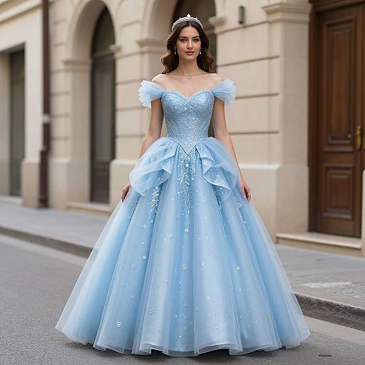 Photograph of a young woman in an off-the-shoulder, light blue, sparkling princess gown with a full tulle skirt, standing on a