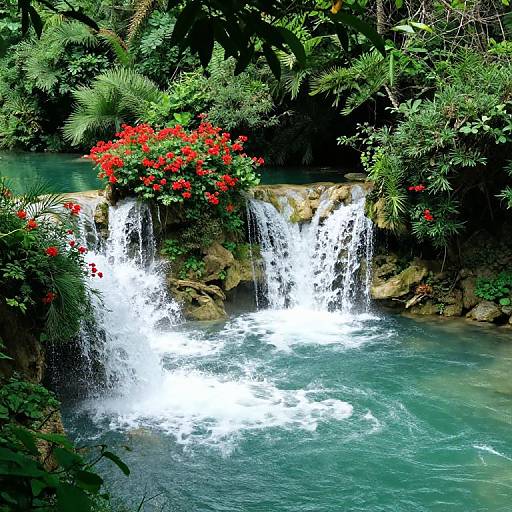 Photograph of a lush, tropical waterfall with cascading white water, surrounded by vibrant red flowers, green ferns, and rocky cliffs.