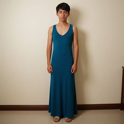 Photograph of an Asian woman with short black hair, wearing a sleeveless, deep blue, floor-length dress, standing against a plain white wall.