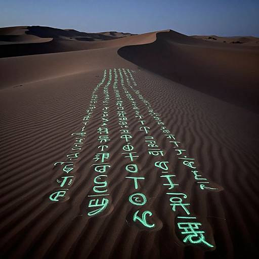 Photograph of glowing green hieroglyphs written in sand on a desert dune under a clear blue sky. Ripples in sand visible.