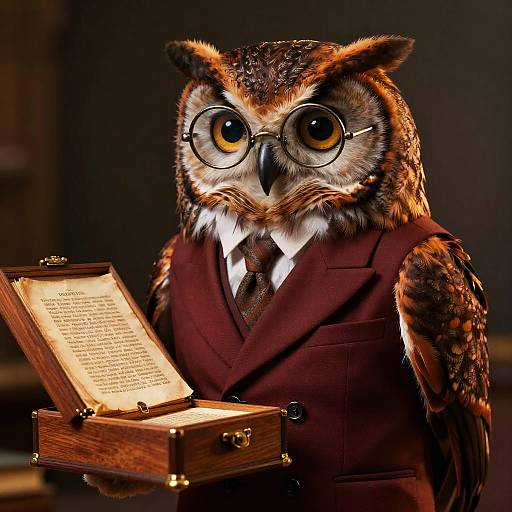Owl Scholar in Vintage Suit with Manuscripts