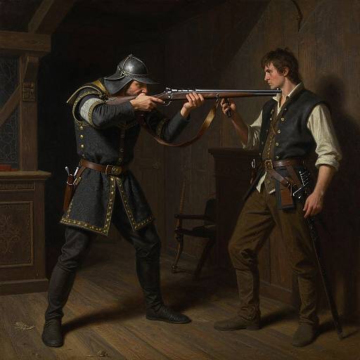 Photograph: Medieval duel in dimly-lit wooden room; armored man with hat points rifle at unarmed, vest-wearing man, tense standoff.