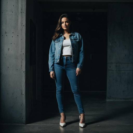 Woman in Denim Jacket and High Heels in Modern Interior