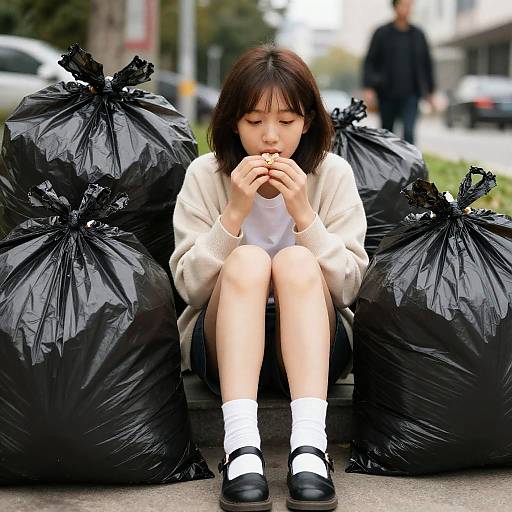Urban Scene with Girl and Garbage Bags