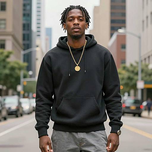 Urban Man Wearing Black Hoodie and Gold Chain