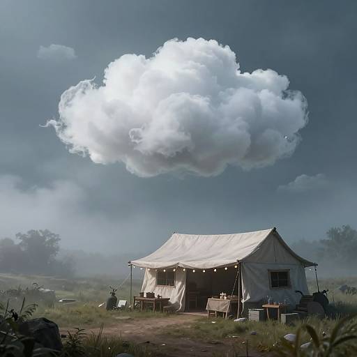 Photorealistic digital artwork of a white canvas tent in a grassy field with a large, bright white cloud hovering above.