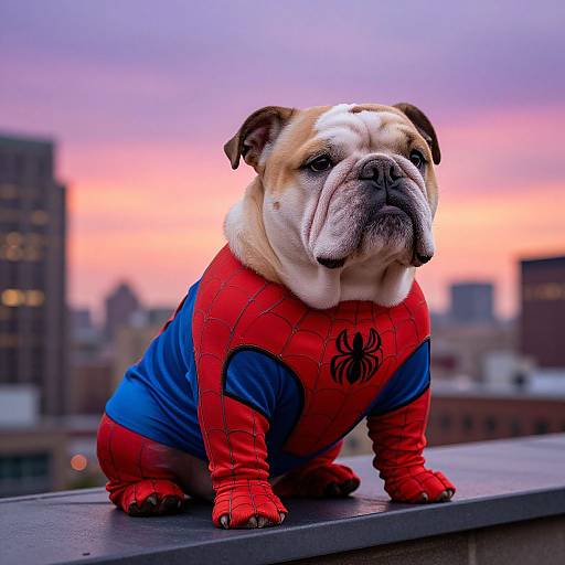 Photograph of a bulldog puppy dressed in a Spider-Man costume, sitting on a rooftop with a colorful sunset cityscape background.