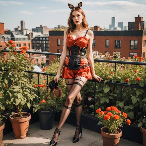 Woman in Chestnut Beaver Bunny Outfit on Rooftop Garden Woman in Chestnut Beaver Bunny Outfit on Rooftop Garden