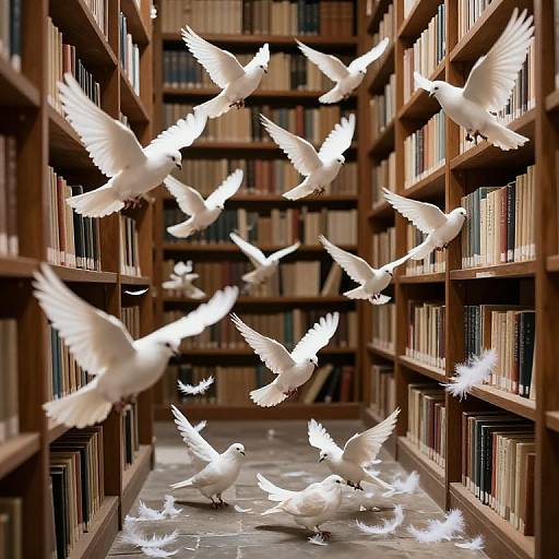 Photograph of white doves flying and pecking on a stone floor between two tall, wooden bookshelves filled with books.