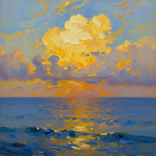 Impressionist-style painting of a bright sunset over a calm ocean, with vibrant yellow and orange clouds reflecting in the blue water.