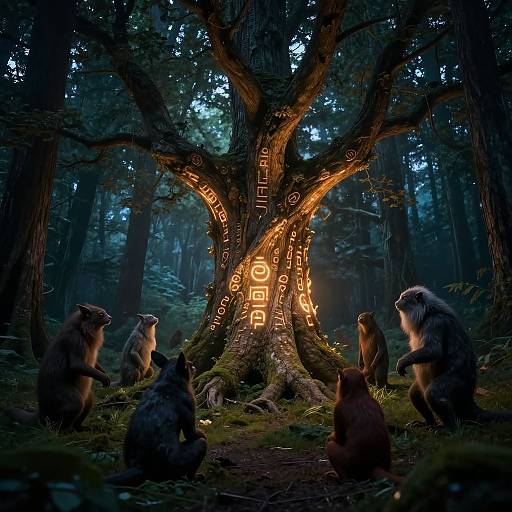 Photograph-style digital art of six anthropomorphic wolves sitting around a glowing, ancient tree with illuminated runes in a dense, moonlit forest.
