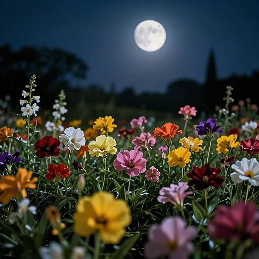 Photograph of a vibrant flower field under a bright full moon, showcasing colorful flowers in red, yellow, pink, white, and purple, with dark