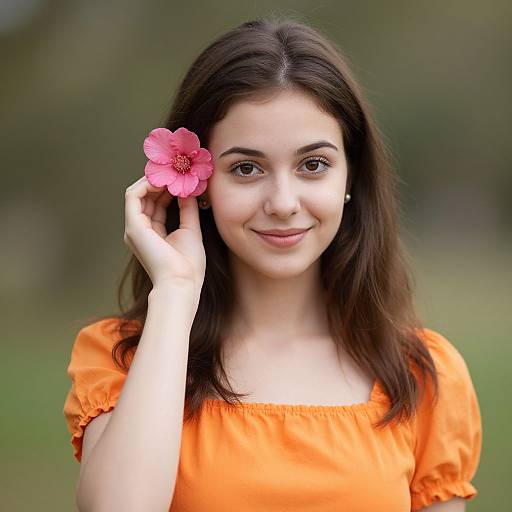 Young woman with fair skin, brown hair, wearing an orange dress, holding a pink flower in her right hand, smiling softly, blurred green background.