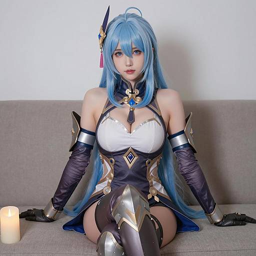 Cosplay of Female Character in Blue Hair and Armor Sitting on Couch
