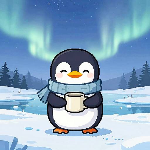 Cute cartoon penguin with blue scarf, holding mug, stands on snowy landscape under glowing aurora borealis, surrounded by pine trees.