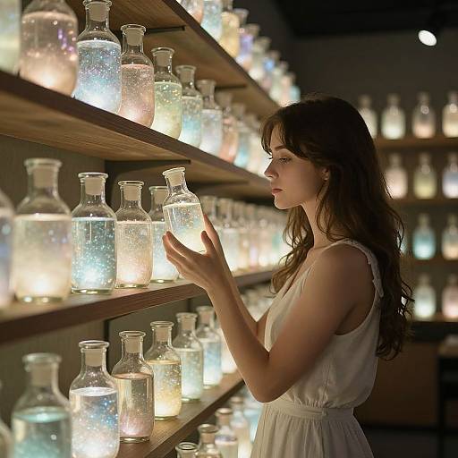 Photograph of a young woman with long brown hair, wearing a white sleeveless dress, gently touching glowing glass bottles on wooden shelves.