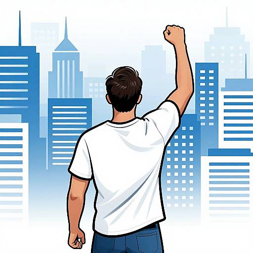 Digital illustration of a man with short black hair, wearing a white t-shirt and blue jeans, raising his right arm in a cityscape background of blue