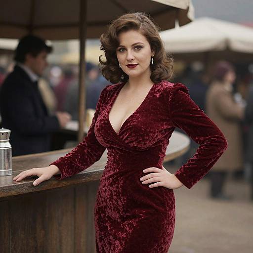 Photograph of a fair-skinned woman with curly brown hair in a deep red velvet dress, standing at an outdoor bar, with a blurred crowd and