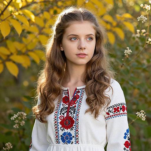 Photograph of a young woman with long, wavy brown hair, wearing a white embroidered blouse with red and blue floral patterns, standing in a sun