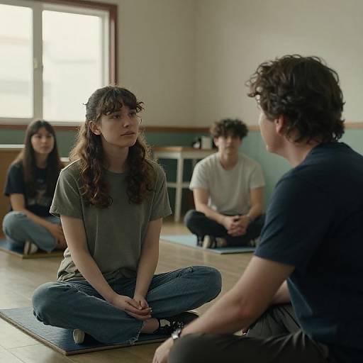 Photograph of four young people, two seated facing each other, three in casual clothes, indoors with natural light from window.