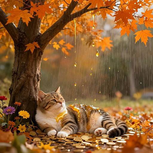 Photograph of a chubby, striped tabby cat lounging under an orange-leaved tree during a gentle autumn rain, surrounded by colorful flowers and fallen