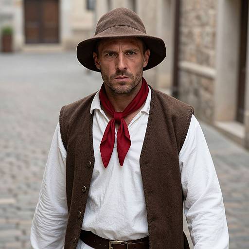 Rugged Medieval Man on Cobblestone Street