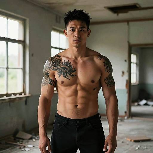 Photograph of a shirtless, muscular Asian man with black spiky hair and detailed tattoos on his left shoulder and chest, standing in a dilapid