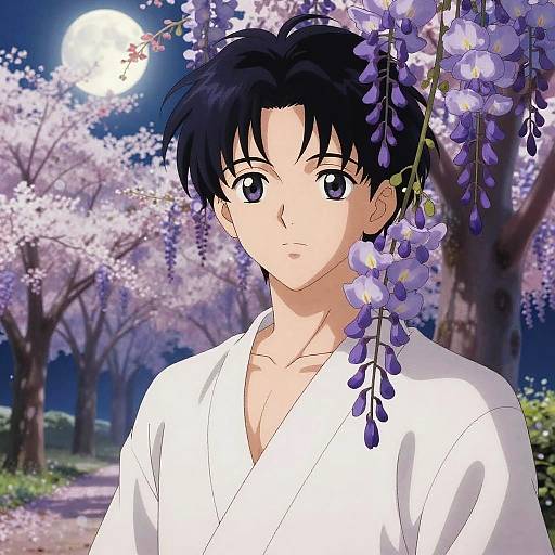 Anime-style drawing of a handsome young man with black hair, wearing a white kimono, surrounded by purple wisteria flowers under a full moon.