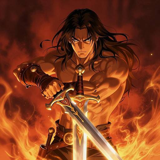 Muscular Warrior with Glowing Sword and Flames