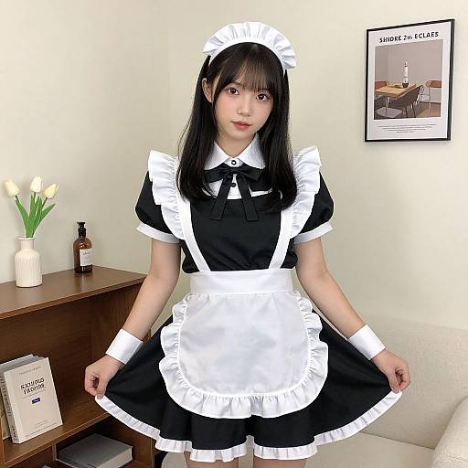 Photograph of an Asian woman with long black hair in a black and white French maid outfit, standing in a modern living room with a vase of white