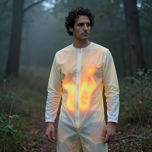 Photograph of a curly-haired man in a glowing, translucent white long-sleeve shirt standing in a misty forest, with ethereal light illumin