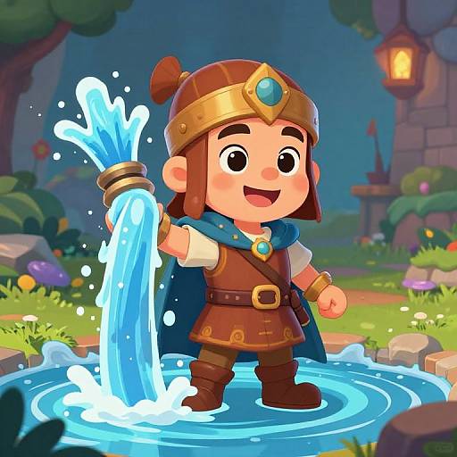 Chibi-style digital art of a smiling adventurer with brown hair, blue cape, and gold headpiece, conjuring water from a magical pool in a