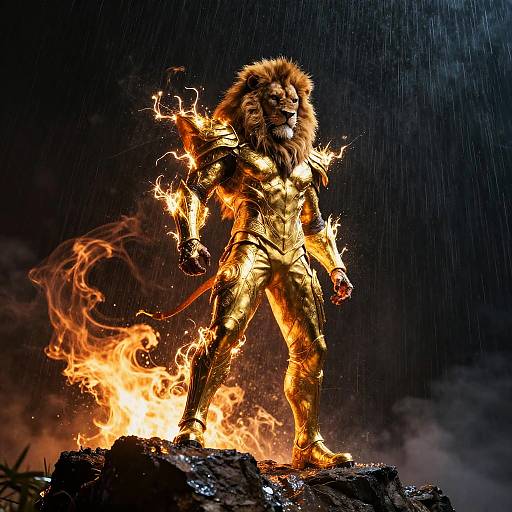 Lion Warrior in Golden Armor with Fiery Aura