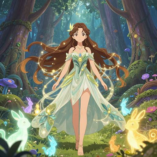 Anime-style digital illustration of a fairy-like girl with long brown hair, wearing a translucent, green and yellow dress, surrounded by glowing butterflies in a magical