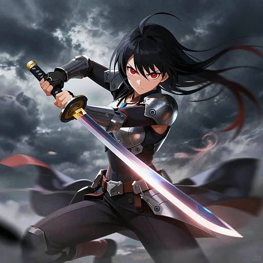 Digital anime artwork of a fierce black-haired warrior with red eyes, wielding a glowing sword in a stormy, cloudy sky.