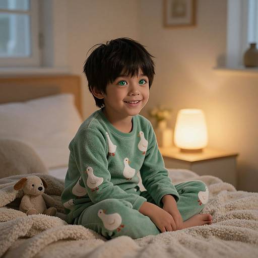 Photograph of a smiling young boy with dark hair, green eyes, and green pajamas with white bird patterns, sitting on a beige blanket in a