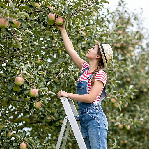 Photograph of a young woman with tan skin, wearing a straw hat, striped shirt, and blue overalls, picking apples from a tree using a