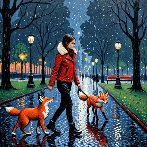 Teenage Girl Walking Foxes in Rainy City Park