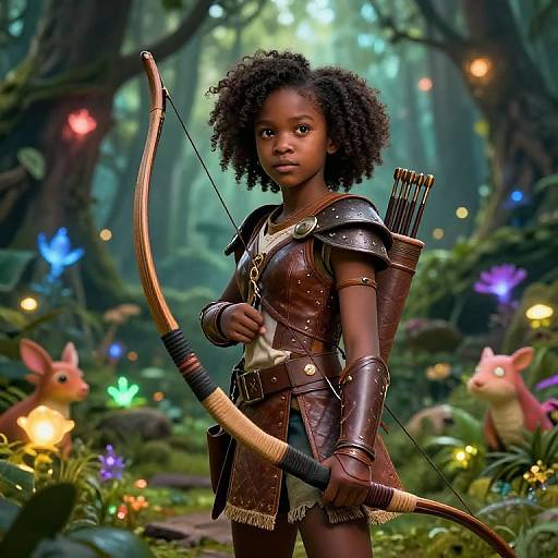 Digital artwork of a young, dark-skinned girl with curly hair, holding a wooden bow and arrow in a magical forest, wearing leather armor with a