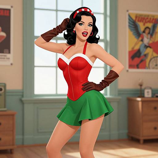 Digital artwork of a sexy, curvy woman in a red corset, green skirt, brown gloves, and red headband, posing confidently in a