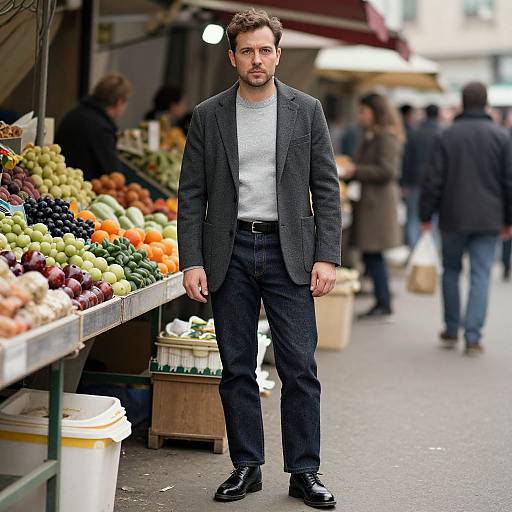Photograph of a stylish man with dark hair and beard, wearing a gray blazer, white shirt, and dark pants, standing in a vibrant outdoor